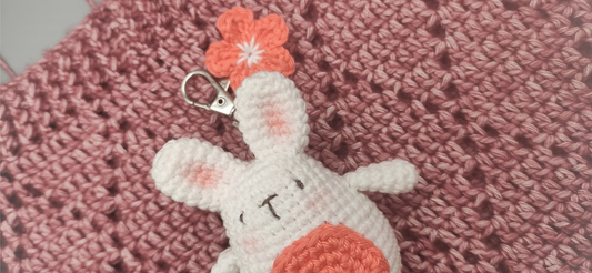 Rabbit Keychain with Flower Charm, Crochet Handmade