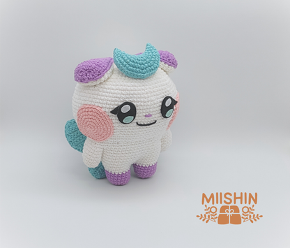Handmade Jjongyo crochet plushie doll in white and purple yarn, handcrafted K-Pop amigurumi collectibles by Miishin. Left View.