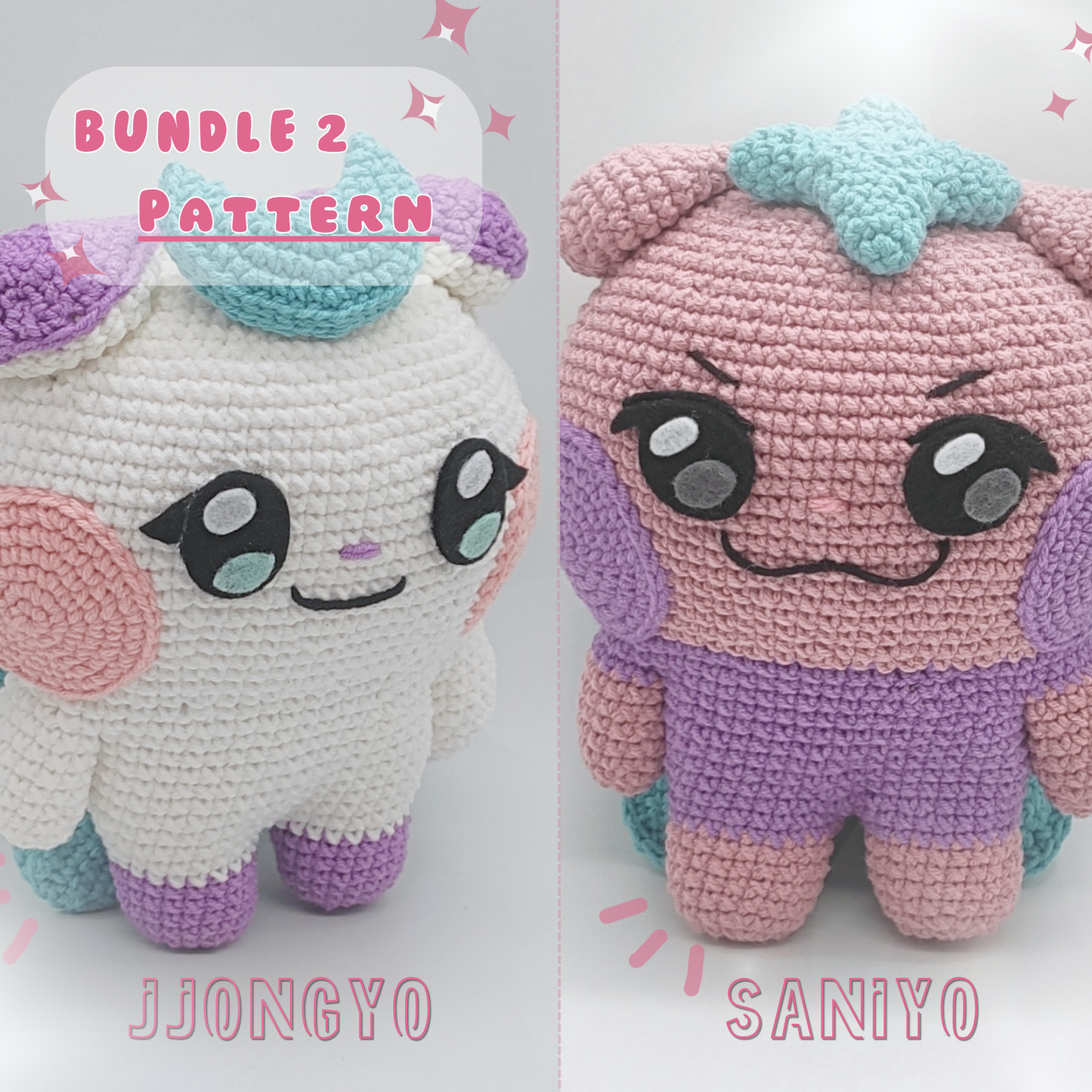 Fanmade Jjongyo and Saniyo crochet handmade kpop plush inspired by Mighteez. Pattern to do them.