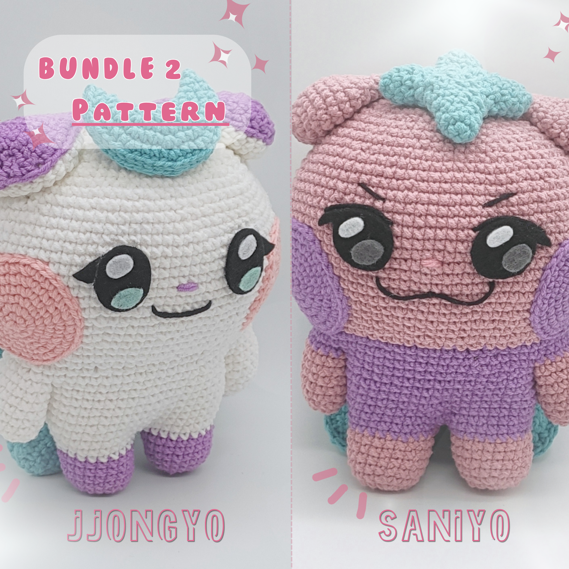 Fanmade Jjongyo and Saniyo crochet handmade kpop plush inspired by Mighteez. Pattern to do them.