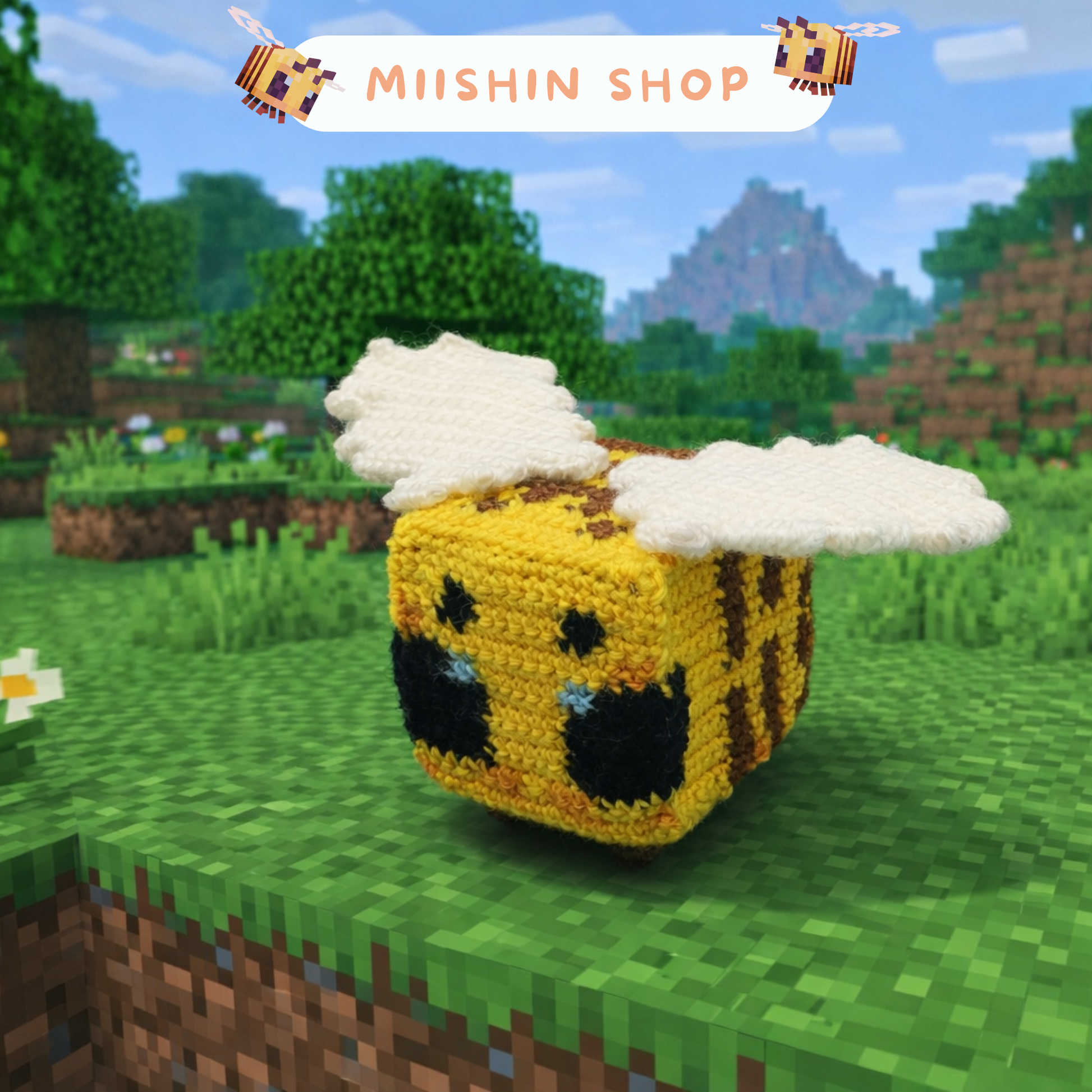 Minecraft, Art, Bee, Honey, Wildlife, Friendly, Creations, Plush, Fanmade, Handmade, Original Gift, Crochet, Amigurumi, Addict, Crafters.