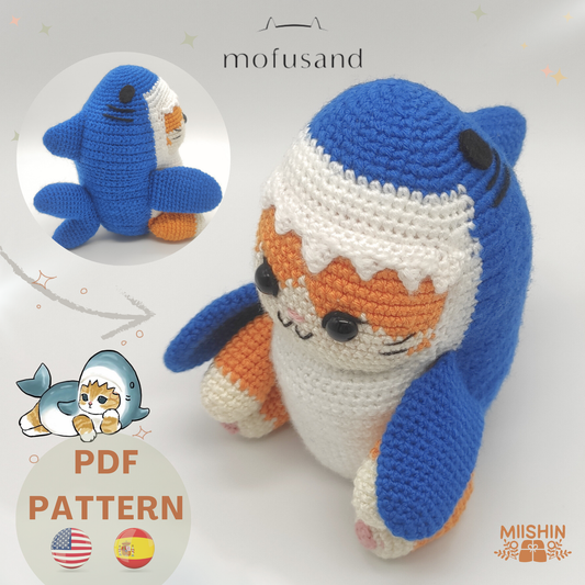 Mofusand Cat Shark Costume PDF Pattern English & Spanish, Mofusand Plushie, Crochet, Do it yourself, Kitten amigurumi, Shark amigurumi.